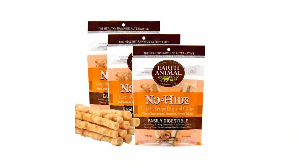 Earth animal no hide stix chicken flavored natural rawhide free dog chews long lasting dog chew sticks | dog treats for small dogs and cats | great dog chews for aggressive chewers (3 pack) chicken 10 count (pack of 3)