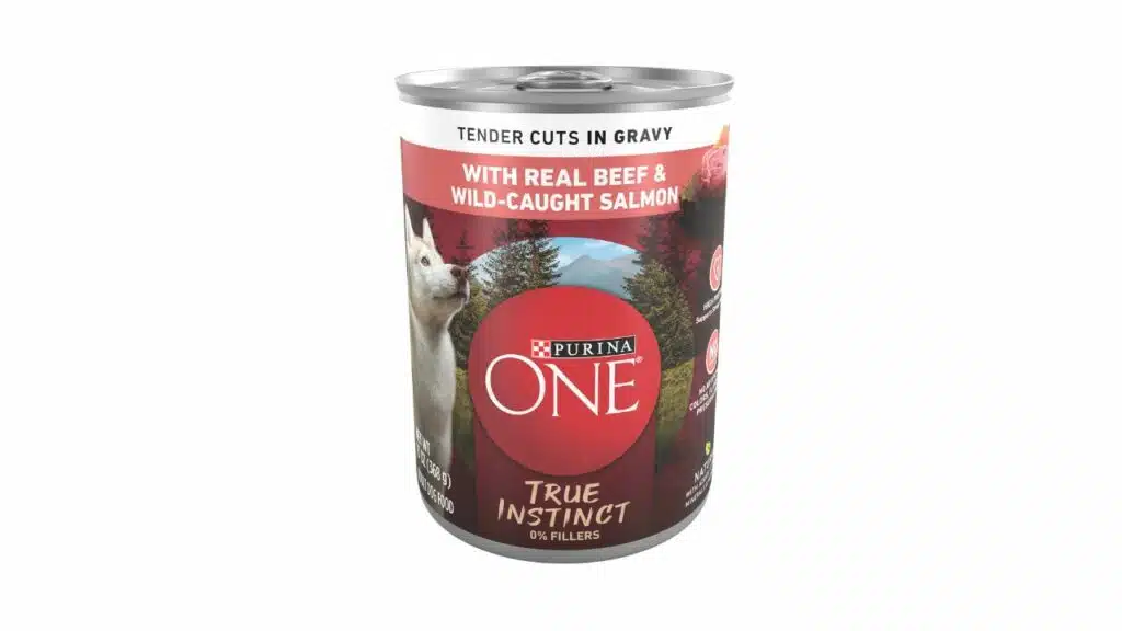 Purina one high protein wet dog food true instinct tender cuts in dog food gravy with real beef and wild-caught salmon
